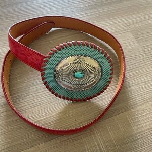 Vintage fred coen Red Leather Belt with Turquoise Oval Concho